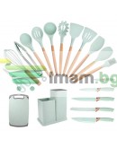 К-т силиконови прибори 33 части със стойка ножове, ножица и дъска